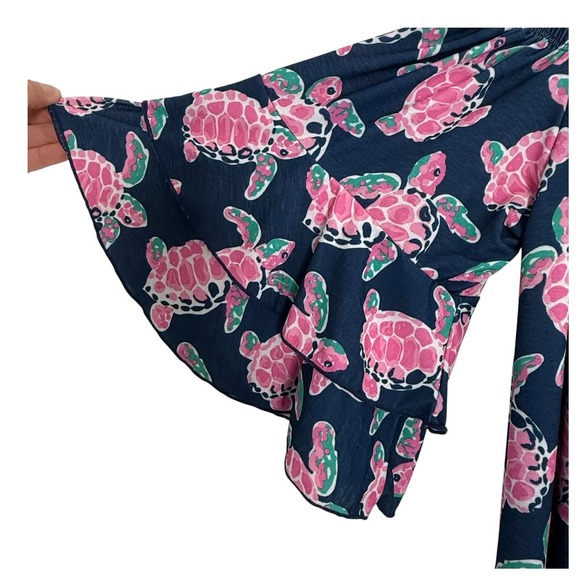 SIMPLY SOUTHERN WOMEN'S BLUE OFF SHOULDER BLOUSE TURTLE PRINT‎ SIZE L - Picture 6 of 7